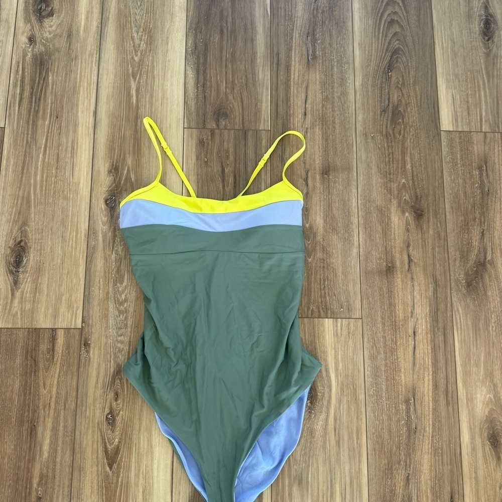 Prana Olive One-Piece Swimsuit with Yellow and Light Blue Bands - Picture 2 of 6